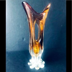 Hand Blown Abstract Art Glass Vase Amber Clear  13.5 Inch